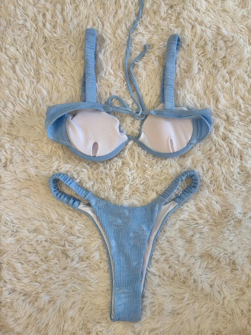 Blue Textured Floral Bikini Set